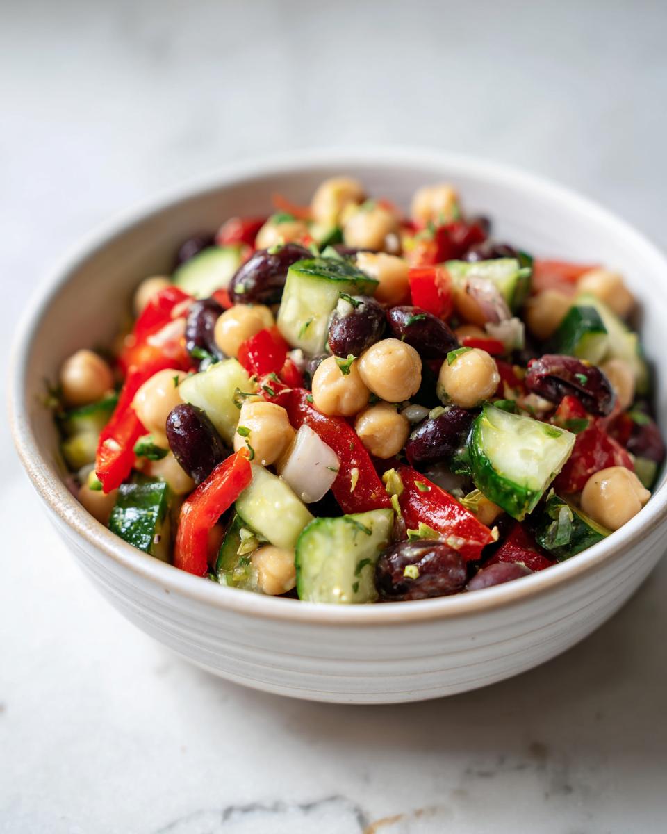 A close-up view of a vibrant bean salad featuring chickpeas, dark beans, cucumbers, and red peppers in a white bowl.