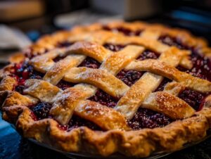 Close-up of a freshly baked blackberry pie with a golden, flaky lattice crust and bubbling berry filling.