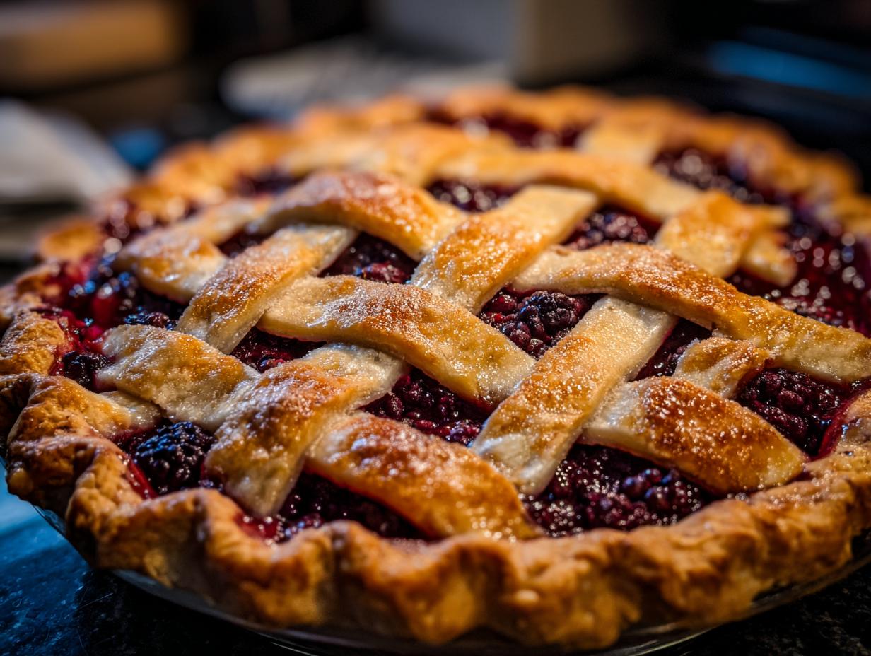 Close-up of a freshly baked blackberry pie with a golden, flaky lattice crust and bubbling berry filling.