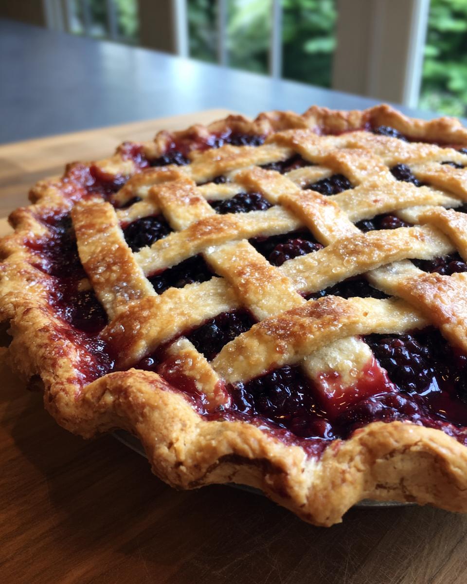 Close-up of a freshly baked blackberry pie with a golden, sugared lattice crust showing the dark berry filling.