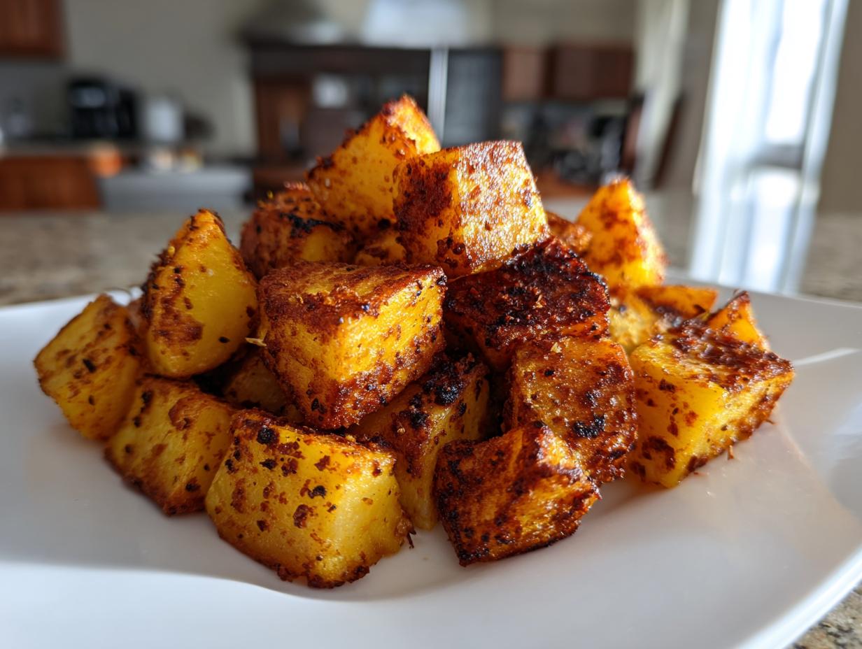 A close-up of golden brown, cubed breakfast potatoes seasoned with spices, piled on a white plate.