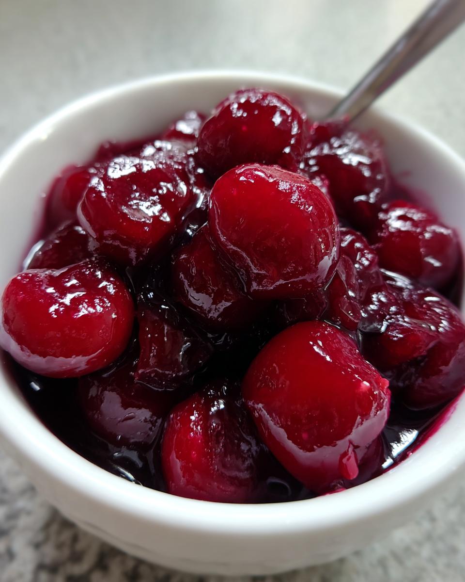Close-up of glossy, deep red cherry pie filling with whole cherries in a white bowl.