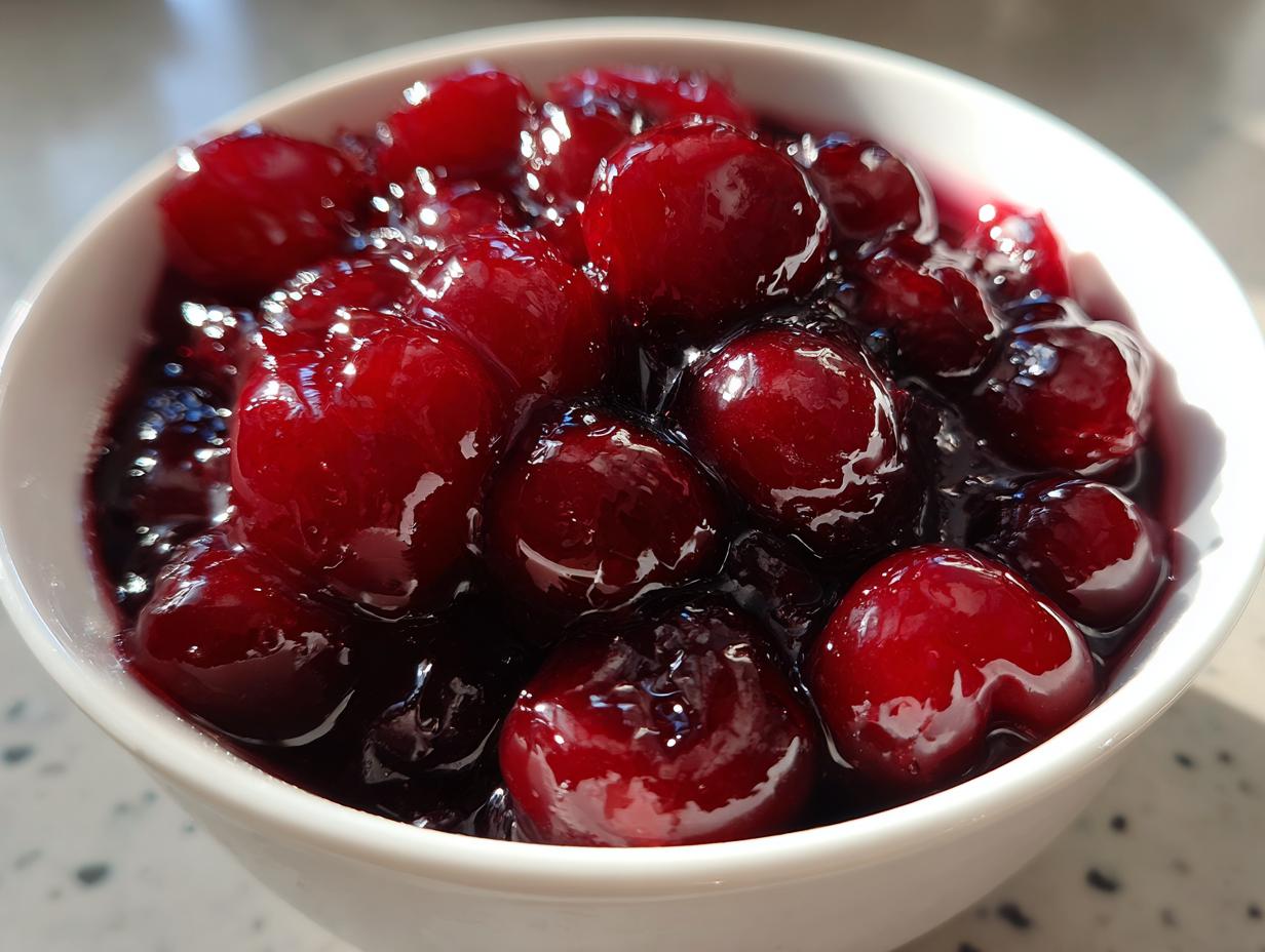 A close-up, bright photo of glossy, whole cherries suspended in thick, dark syrup, representing homemade cherry pie filling.