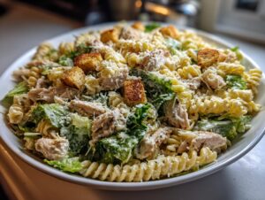 A white bowl filled with creamy chicken caesar pasta salad featuring rotini pasta, shredded chicken, romaine lettuce, and croutons.