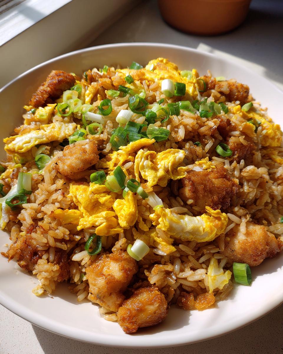 A close-up of a white bowl filled with delicious chicken fried rice, featuring crispy chicken pieces, scrambled egg, and fresh green onions.