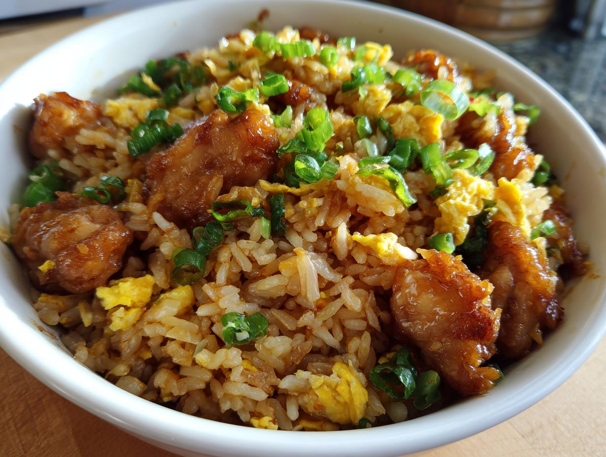 Close-up of a white bowl filled with amazing chicken fried rice, featuring glazed chicken pieces, scrambled egg, and green onions.