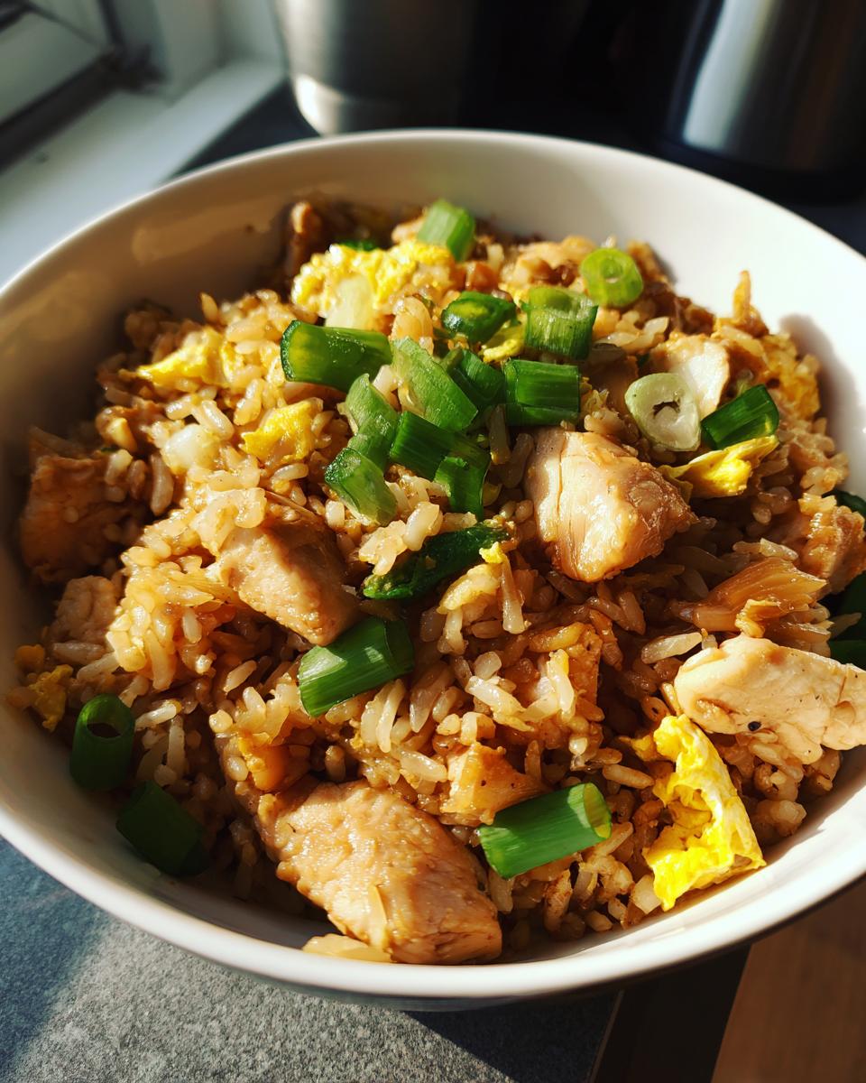 Close-up of a white bowl filled with amazing chicken fried rice, featuring chunks of chicken, egg, and topped with fresh green onions.