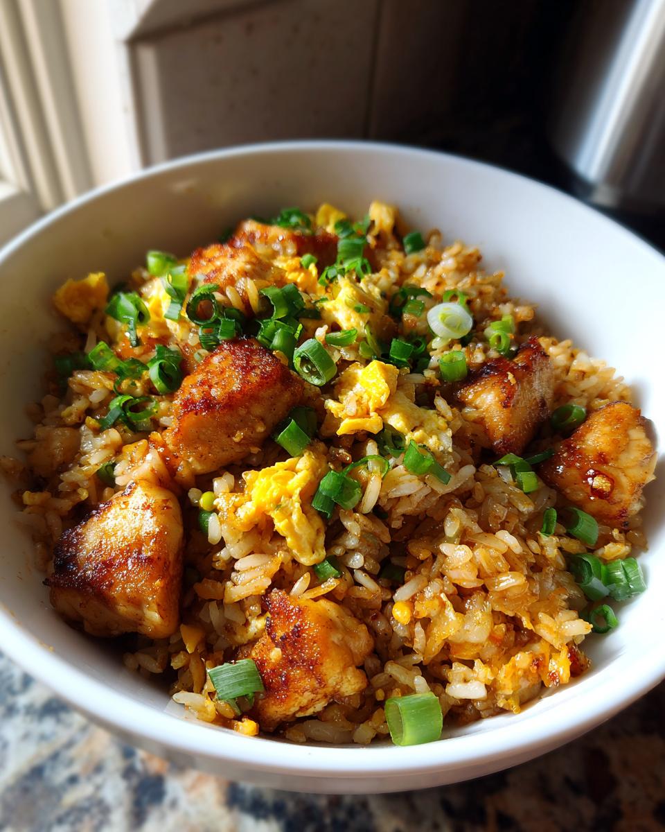 Close-up of a white bowl filled with amazing chicken fried rice, featuring golden chicken pieces, scrambled egg, and green onions.