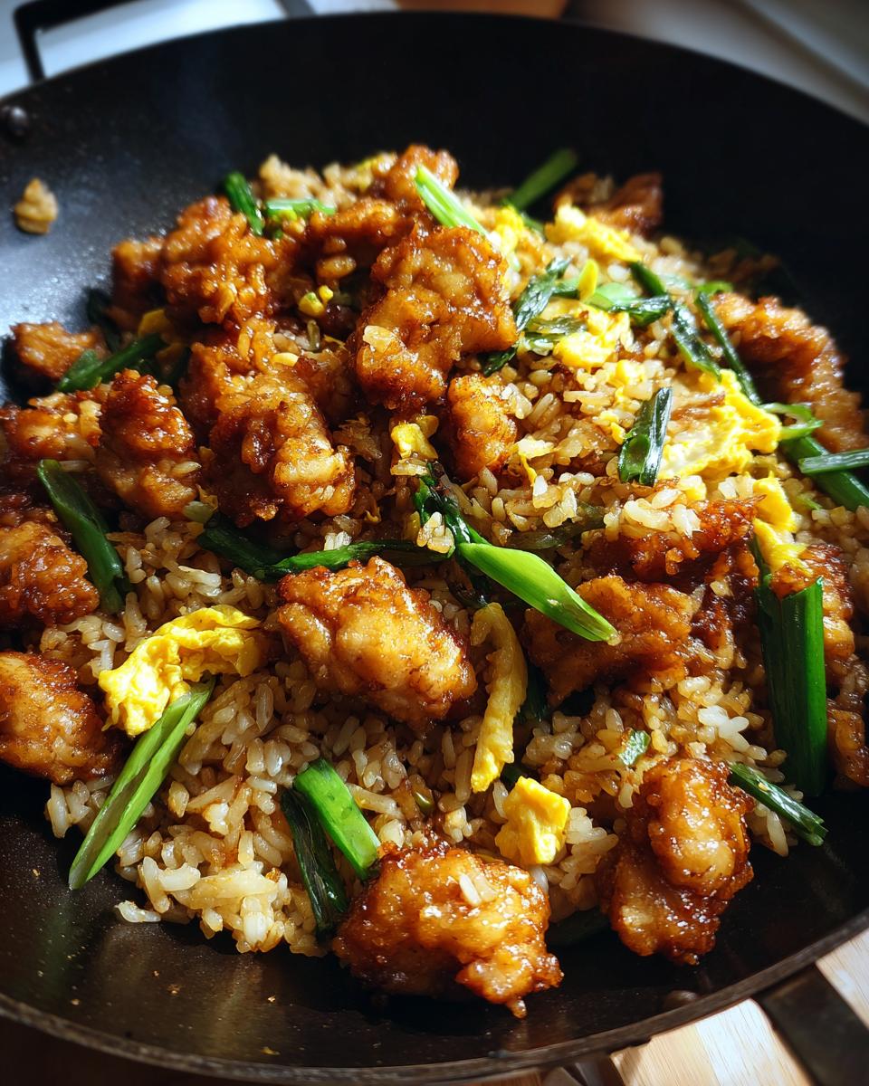 Close-up of delicious chicken fried rice with crispy chicken pieces, scrambled egg, and green onions in a dark wok.