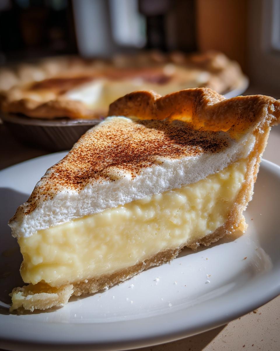 A thick slice of creamy custard pie topped with toasted meringue and cinnamon, sitting on a white plate.