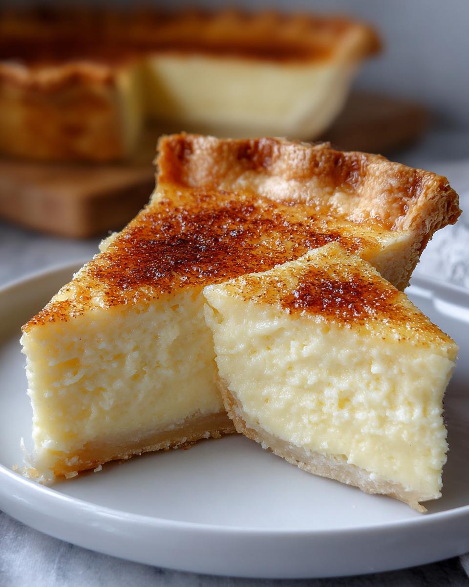 Two slices of amazing custard pie showing the creamy filling and browned, sugared top crust.