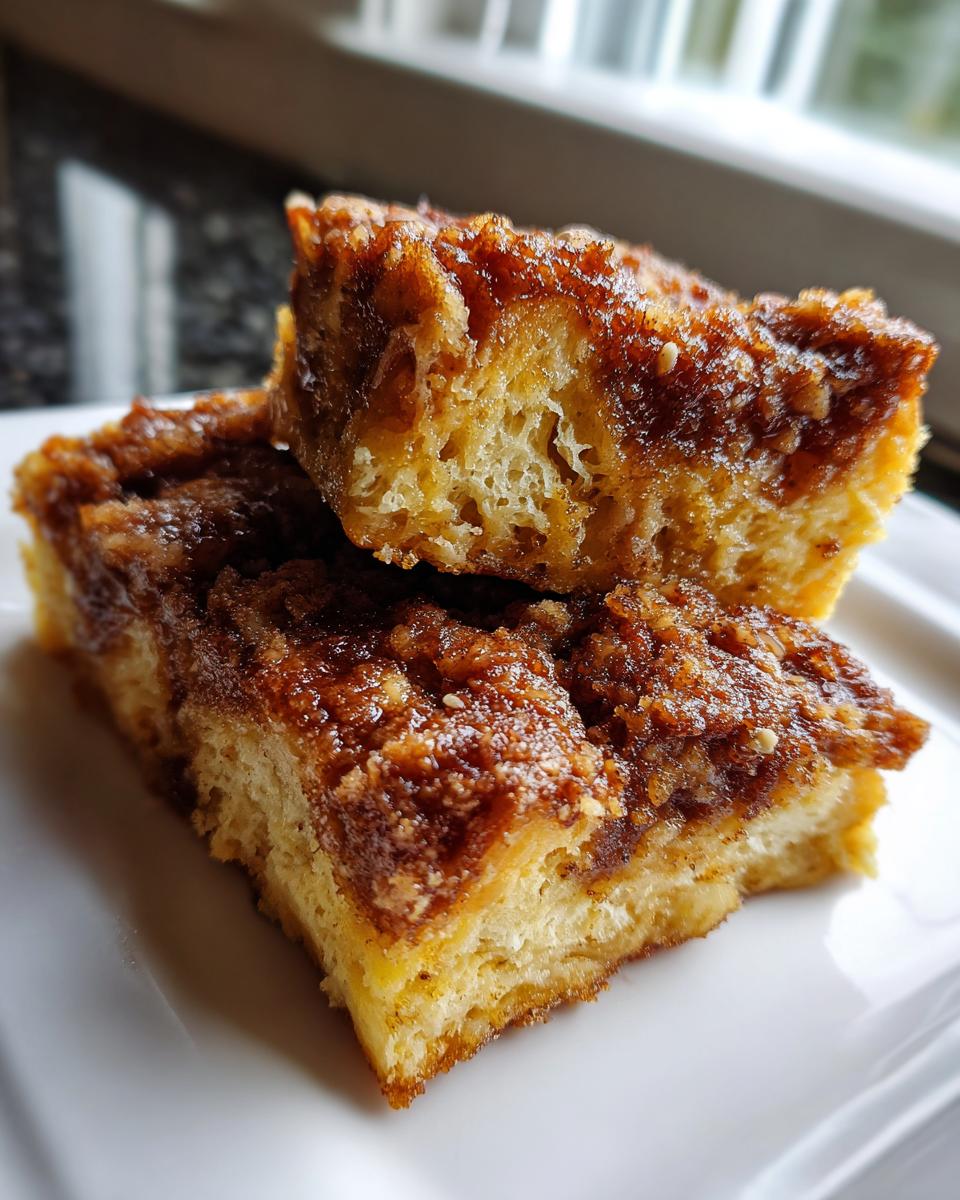 Close-up of two stacked slices of amazing french toast casserole with a rich, gooey brown sugar topping.