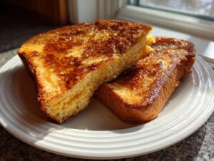 Two thick slices of perfectly cooked, golden brown french toast glistening with syrup on a white plate.