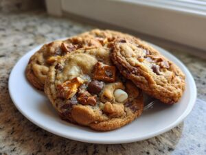 Three freshly baked kitchen sink cookies piled on a white plate, featuring chocolate chips, white chocolate, and pretzel pieces.