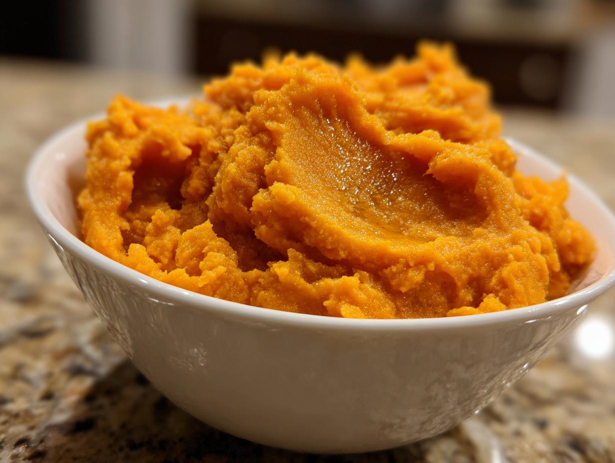 A close-up of a white bowl filled with vibrant, fluffy mashed sweet potatoes, ready to serve.