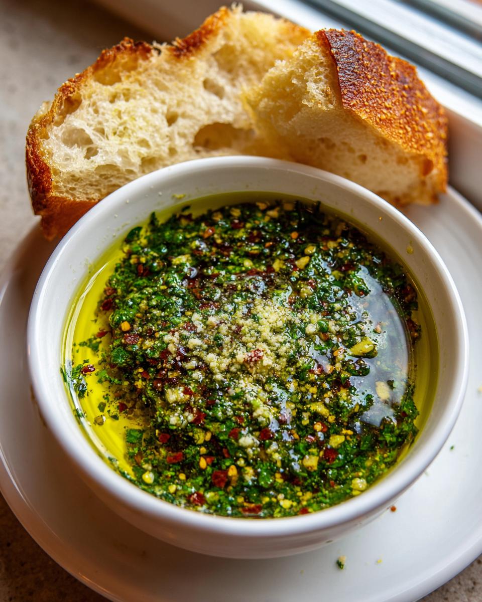 Close-up of a white bowl filled with flavorful olive oil bread dip topped with herbs, spices, and grated cheese, served with crusty bread.