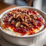 Close-up of a creamy pepper jelly cheese dip topped generously with red jelly and whole pecans in a white baking dish.
