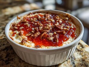 Close-up of amazing pepper jelly cheese dip topped with pecans in a white ceramic baking dish.