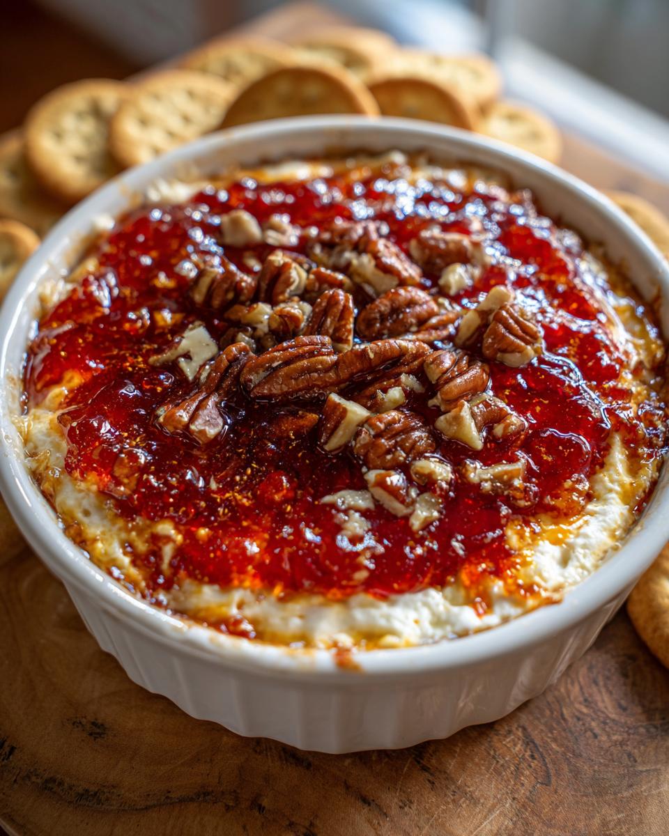 Close-up of a baked pepper jelly cheese dip topped with pecans in a white ramekin, served with crackers.