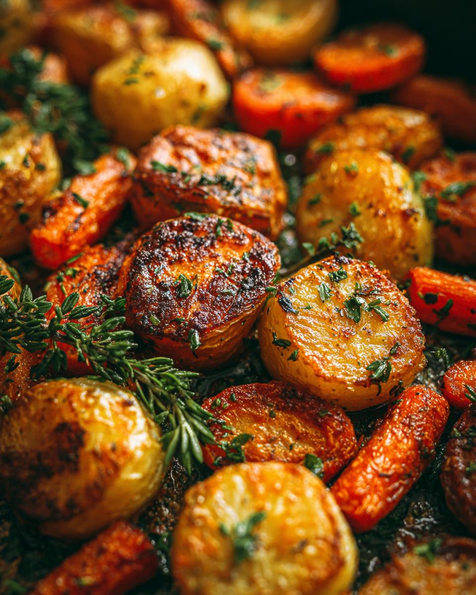 Close-up of golden brown roasted potatoes and carrots seasoned with fresh herbs like rosemary.