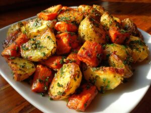 A close-up of golden roasted potatoes and carrots tossed in fresh herbs on a white plate.
