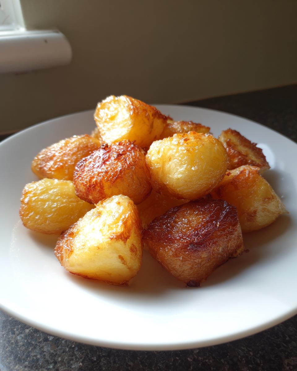 A pile of golden brown, crispy roasted potatoes served on a white plate, ready to eat.