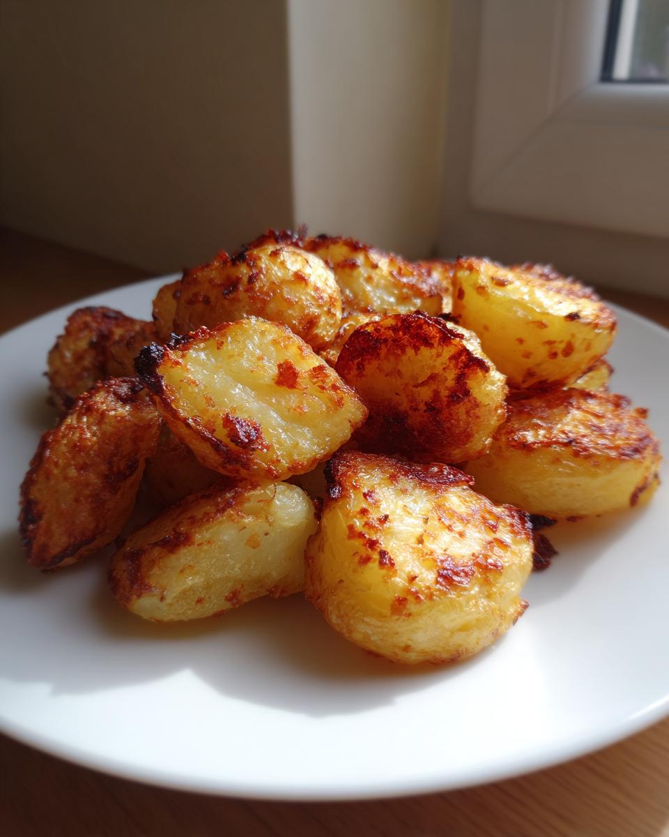 A close-up of golden brown, crispy roasted potatoes piled on a white plate, catching natural light.