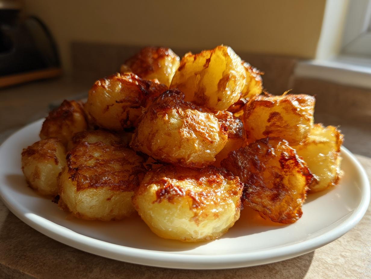 A pile of golden brown, crispy roasted potatoes stacked on a white plate, catching the sunlight.