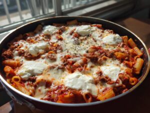 Close-up of a bubbling skillet lasagna with meat sauce, melted mozzarella, and dollops of ricotta cheese.