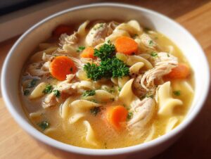 Close-up of a white bowl filled with amazing slow cooker chicken noodle soup, featuring shredded chicken, egg noodles, and carrots.