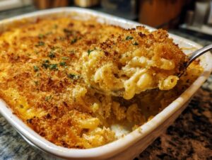 A spoonful of creamy, baked tuna pasta with a golden breadcrumb crust being lifted from a white baking dish.