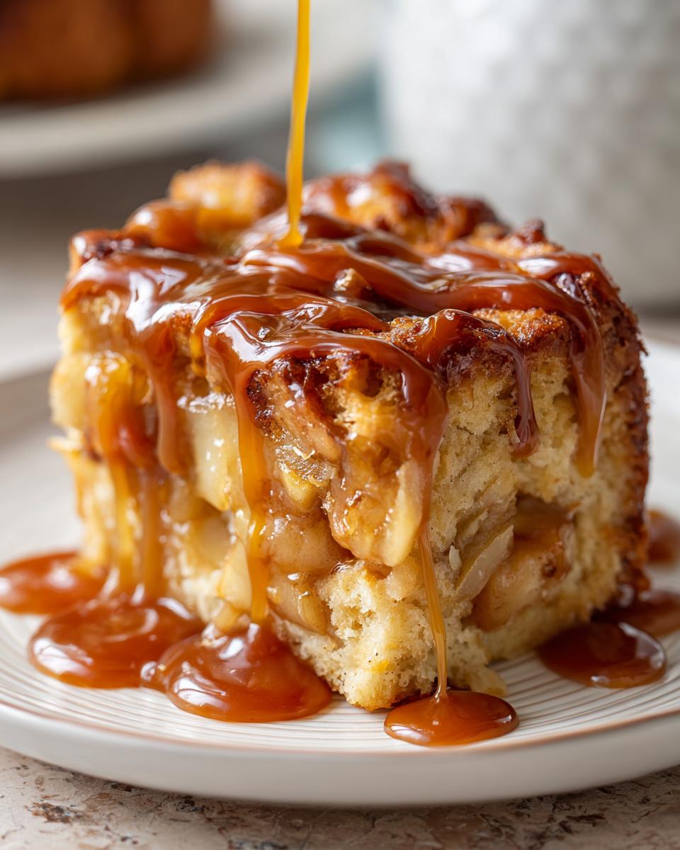 A close-up of a slice of apple bread pudding being generously drizzled with rich caramel sauce.