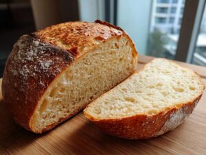 A freshly baked artisan bread loaf cut in half on a wooden board, revealing a soft, airy crumb structure.