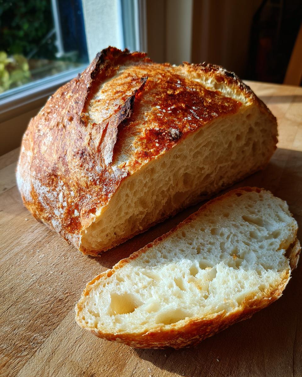 A freshly baked artisan bread loaf, partially sliced, showing a golden crust and open crumb structure.