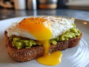 Close-up of delicious avocado toast topped with a sunny-side-up egg, yolk running down.