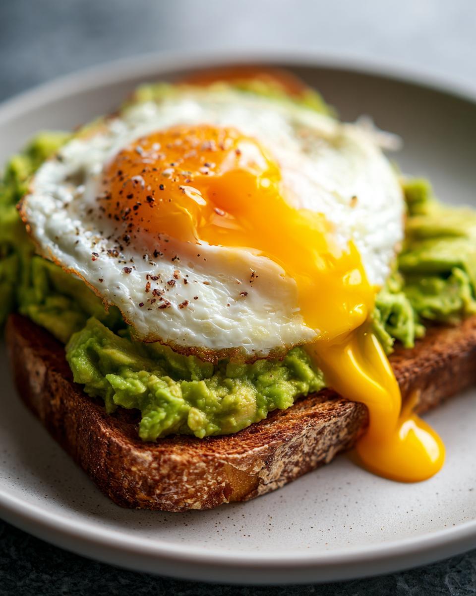 Close-up of delicious avocado toast topped with mashed avocado and a sunny-side-up fried egg, showing runny yolk.