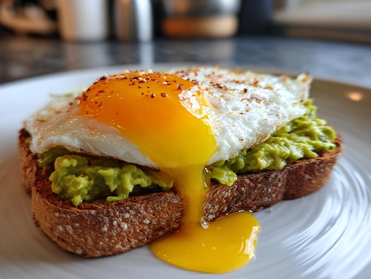 Close-up of delicious avocado toast topped with a sunny-side-up egg, yolk running down.
