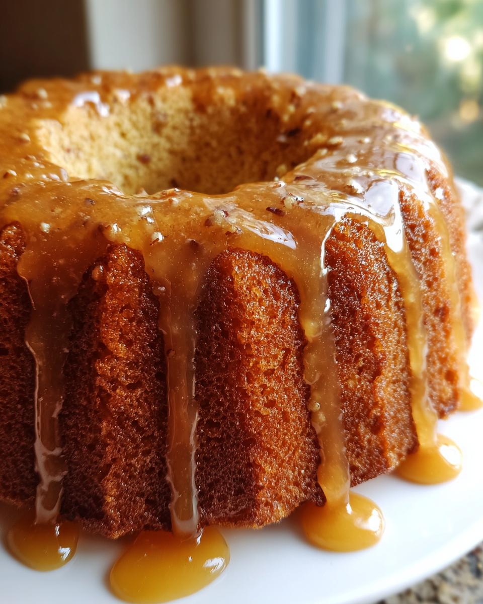 Close-up of a golden brown Bacardi Rum Cake topped with a thick, dripping caramel-like glaze and chopped nuts.