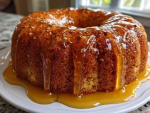 A whole, freshly baked Bacardi rum cake on a white plate, generously covered in a thick, dripping caramel-like glaze with nuts.