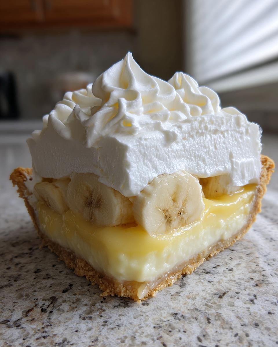 A close-up slice of banana cream pie showing a graham cracker crust, thick vanilla filling, banana slices, and a generous swirl of whipped cream.