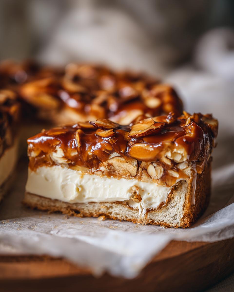 Close-up of a slice of bee sting cake showing layers of sponge, cream filling, and glossy caramelized almond topping.