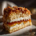 Close-up of a layered slice of bee sting cake showing sponge, cream, jam, and caramelized almond topping.