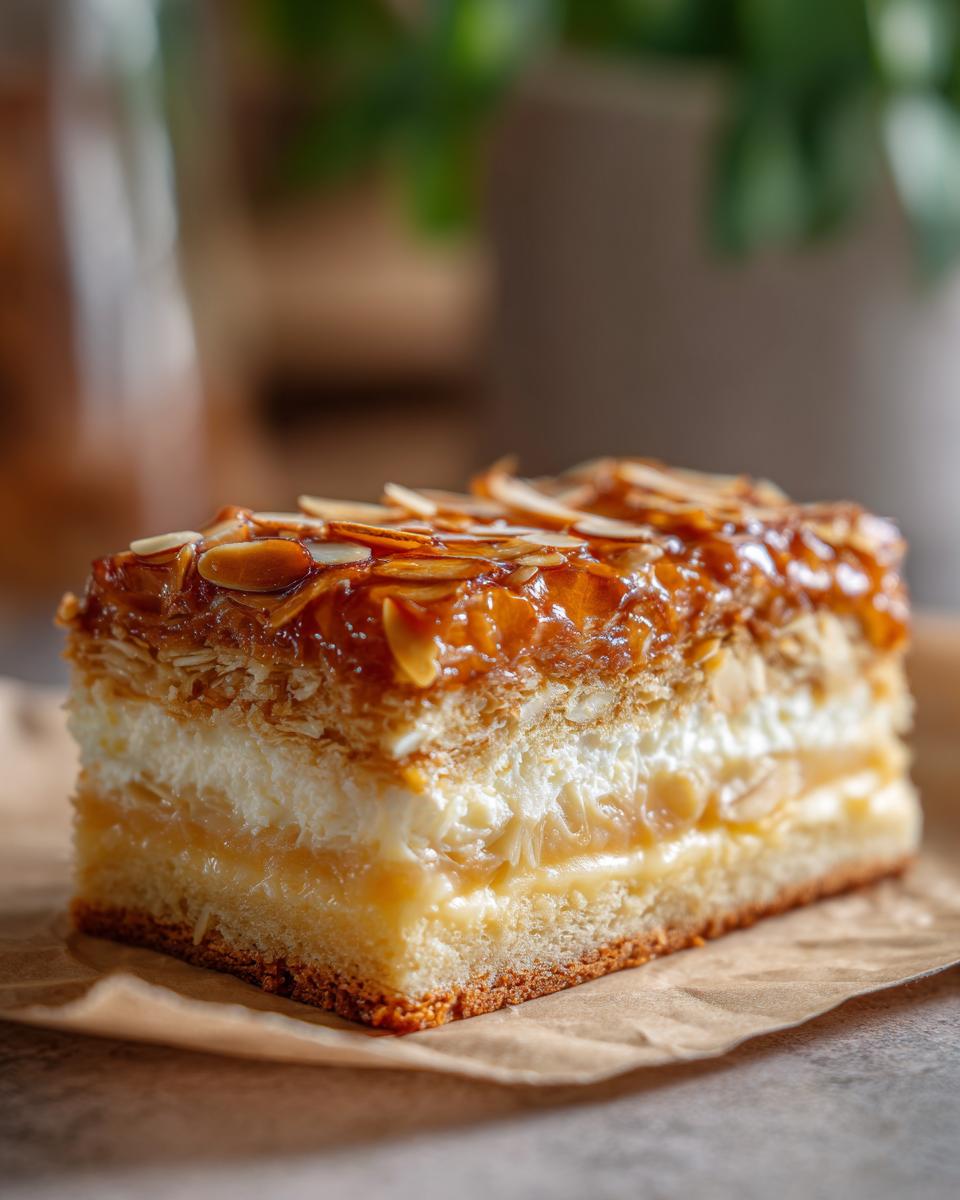 Close-up of a perfect slice of bee sting cake showing layers of sponge, cream, and sticky almond caramel topping.