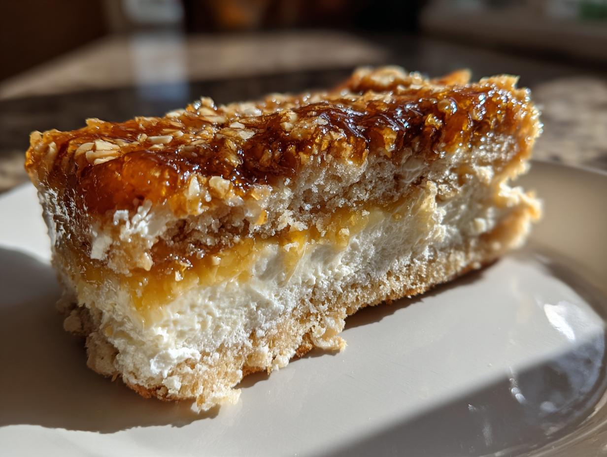 Close-up of a layered slice of bee sting cake showing sponge, cream filling, and glossy almond crunch topping.