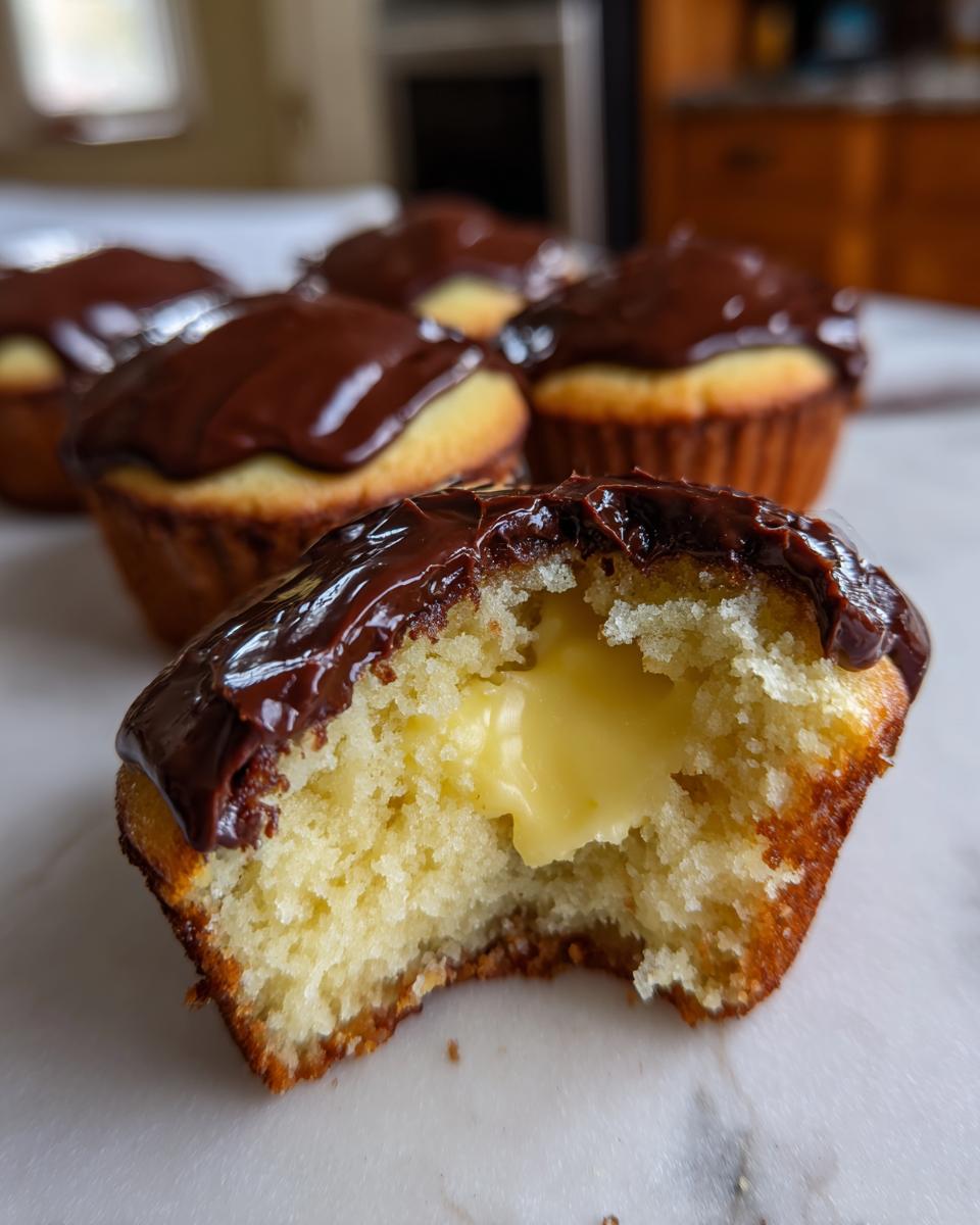 Close-up of a bitten boston cream pie cupcake revealing rich vanilla cake and creamy yellow filling.