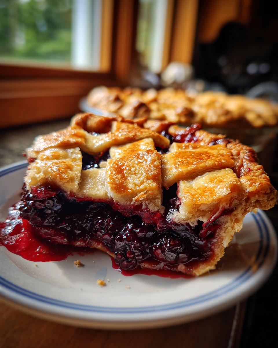 Close-up of a thick slice of amazing blackberry pie showing juicy filling and golden lattice crust.
