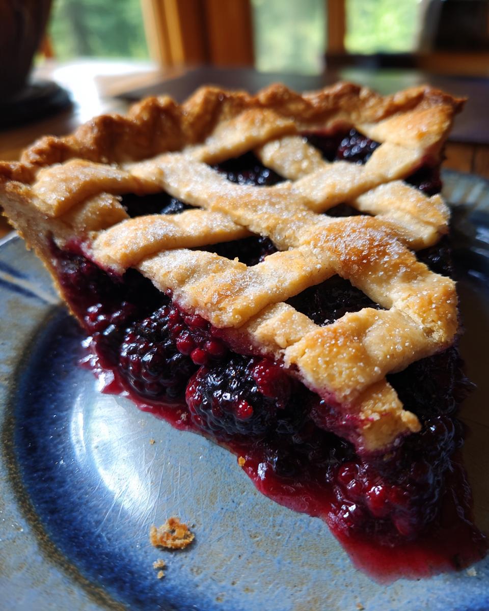 Close-up of a juicy slice of blackberry pie featuring a golden lattice crust sprinkled with sugar.