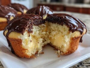 Close-up of a Boston Cream Pie Cupcakes cut in half showing vanilla cake, pastry cream filling, and chocolate ganache topping.