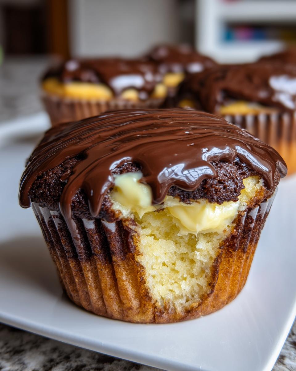 A close-up view of a Boston Cream Pie Cupcakes with a bite taken out, revealing vanilla cream filling and chocolate ganache topping.
