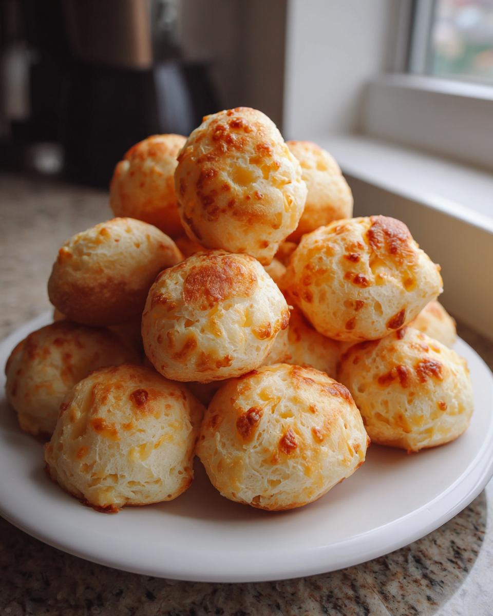 A stack of freshly baked, golden Brazilian cheese bread rolls piled high on a white plate.